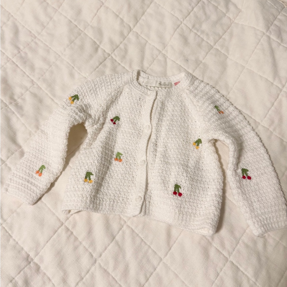 ZARA BABY 6-9 M White Knit Cardigan with Cherry Accents